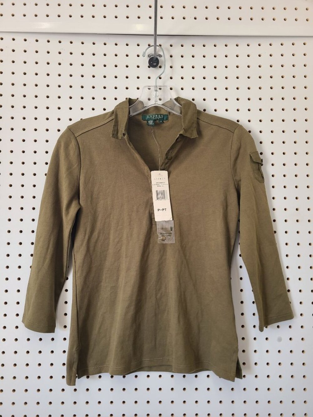 Lauren Ralph Lauren Olive Green 3/4 Sleeve Polo Shirt With Collar Size M Lightwe